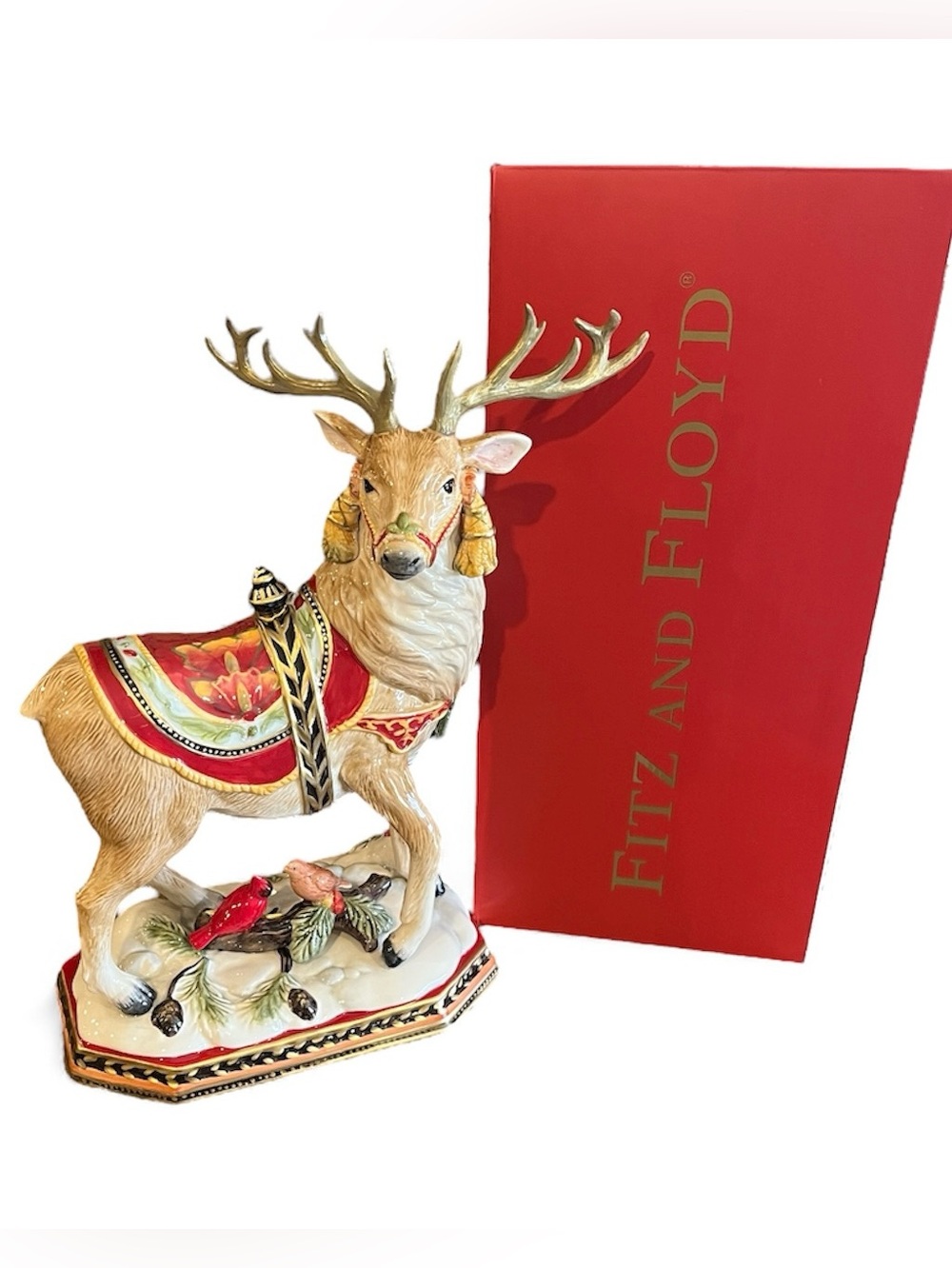 Fitz and Floyd Damask Holiday Reindeer Hand-Painted Ceramic Collectible Figurine